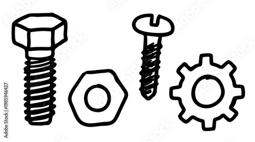 Black and White Line Art of Bolt, Nut, Screw, and Gear for Industry and Mechanics