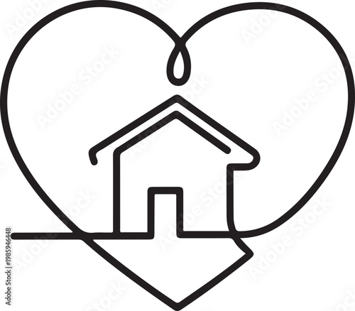 Home Sweet Home Continuous Line Icon, Minimalistic One Line Drawing of House within Heart Shape Symbolizing Home Love. one line Icon drawing