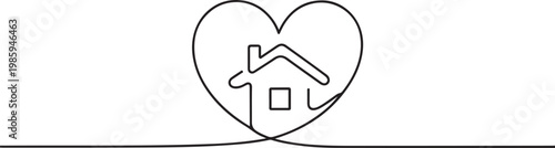 Home Sweet Home Continuous Line Icon, Minimalistic One Line Drawing of House within Heart Shape Symbolizing Home Love. one line Icon drawing