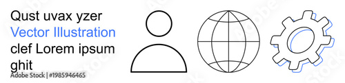 Technology, global connections, industry, engineering, innovation, communication. Minimalist design with a person icon, globe outline and gear symbol. Technology and global connections concept
