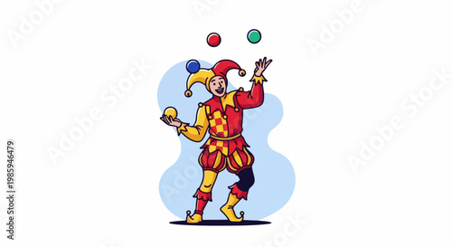 Animated jester in colorful costume skillfully juggles multiple balls in the air