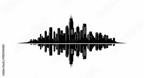 Black silhouette of a sprawling city skyline reflected upside down