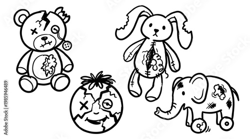 Black and White Line Art of Spooky Stuffed Toys - Teddy Bear, Bunny, Ball, Elephant