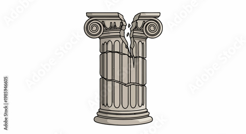 Broken ancient column with Ionic capital, on a white background