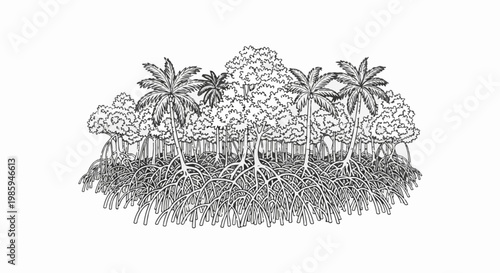 Black and white illustration of a dense mangrove forest with visible aerial roots