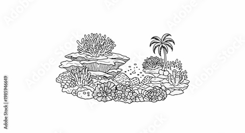 Black and white illustration of a vibrant coral reef with a palm tree