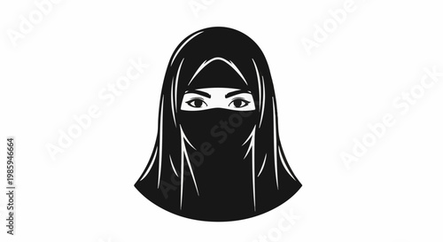 Black and white illustration of a woman's face wearing a veil