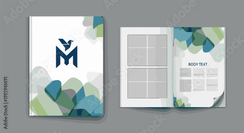Brochure with abstract design, logo on cover, text and image placeholders inside