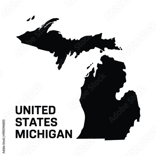 A black silhouette of the state of michigan with the text united states michigan below
