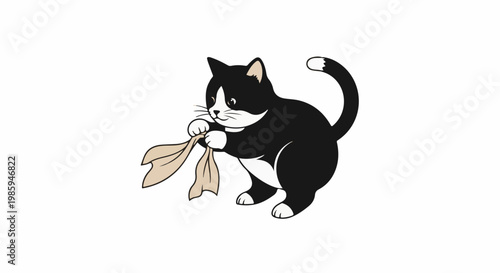 Black and white kitten playfully tugs at a tan cloth with its paws