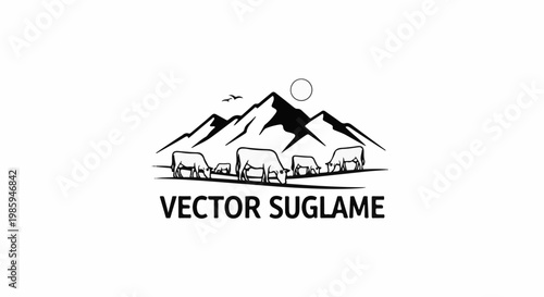 Black and white landscape with cows grazing under mountains and a sun