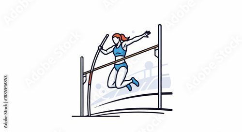Athletic woman pole vaulting over a bar, depicted in a clean, graphic style