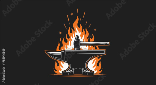 Blacksmith's anvil and hammer with roaring flames and sparks