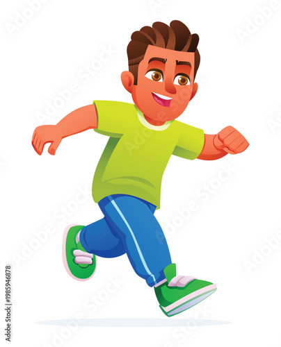 Athletic young boy character sprinting fast with a determined expression. Vector cartoon illustration