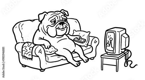 Bulldog Relaxing on Couch Watching TV, Black and White Line Art, Funny Pet, Lazy Dog