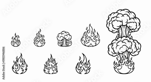 Black and white line art illustrations of flames and explosions of varying sizes
