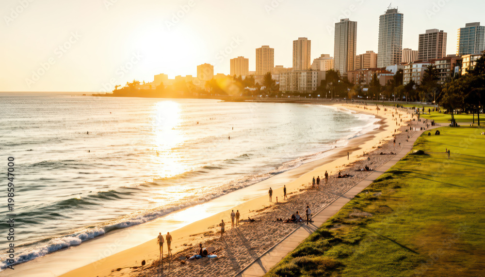 Obraz premium The beach scene shows a sunset with sun rays reflecting on the water. Many men and women stroll along the sand near the urban skyline and the surf.
