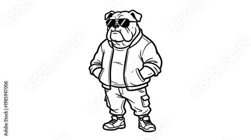 Cool Bulldog Wearing Sunglasses and Jacket, Black and White Line Art Cartoon