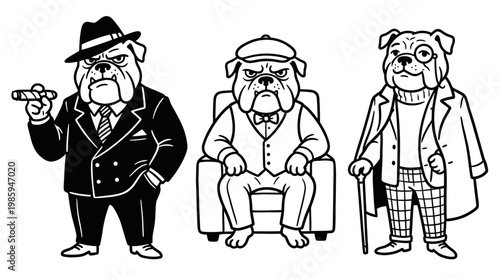Black and White Line Art Bulldogs in Suits, Gangster, Gentleman, and Aristocrat Styles