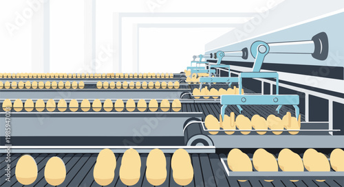 Automated egg processing line with robotic arms sorting and packaging