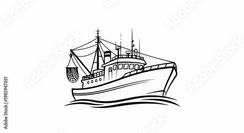 Black and white line drawing of a fishing trawler with nets raised, sailing on waves