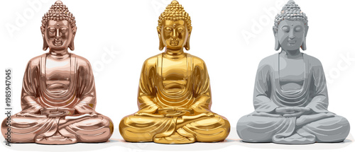 Metallic Buddha Statue Icon Set Featuring Rose Gold, Gold, and Silver Finishes for Spiritual and Cultural Designs