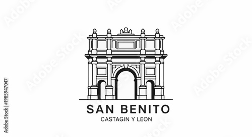 Black and white line drawing of a grand archway with text below