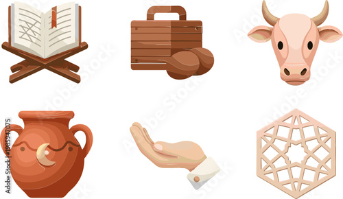 Traditional Cultural Icon Set Featuring Holy Book, Pottery, Cow, and Ornamental Patterns for Heritage and Spiritual Designs