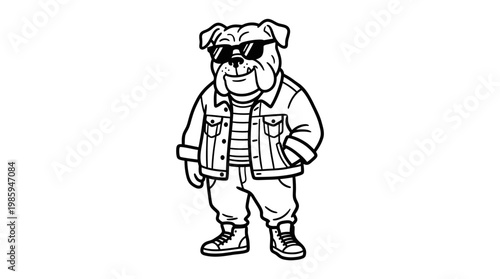 Cool Bulldog Wearing Sunglasses and Denim Jacket, Black and White Line Art Vector