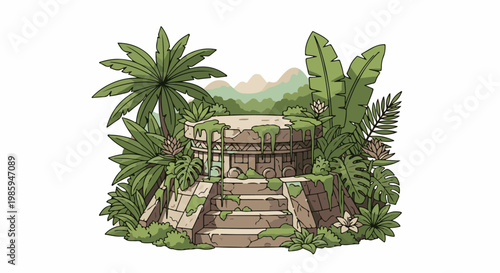 Ancient overgrown stone ruin with steps, surrounded by lush jungle foliage
