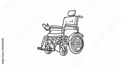 Black and white line drawing of a powered wheelchair with large rear wheels