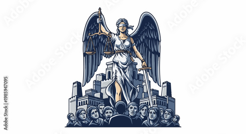 Blindfolded winged lady of justice with scales and sword above crowd
