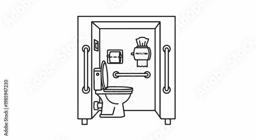 Accessible bathroom stall with toilet, grab bars, and tissue dispenser