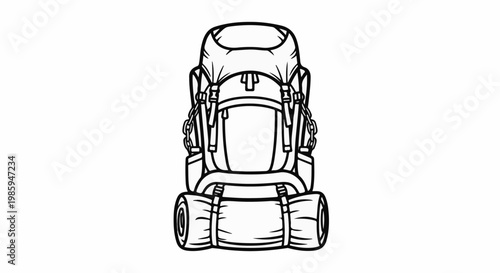 Black and white outline drawing of a large backpack with rolled sleeping mat