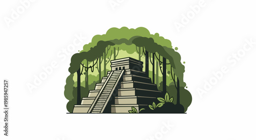 Ancient pyramid surrounded by lush green jungle foliage