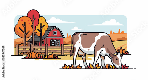 Autumn farm scene with cow, barn, pumpkins, and colorful trees