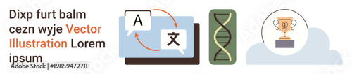 Education, communication, genetics, research, biotechnology, achievement. Set of icons showing language translation, DNA strand and trophy. Education and communication visually