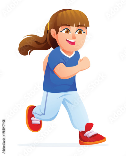 Happy little girl character jogging and exercising for a healthy lifestyle. Vector cartoon illustration