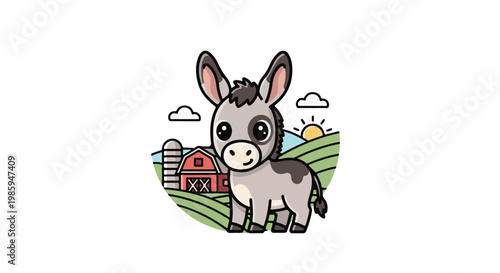 Adorable cartoon donkey stands in a stylized farm landscape with a barn and silo
