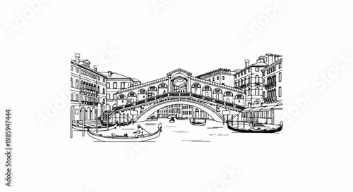 Black and white sketch of a famous European bridge over a canal with gondolas