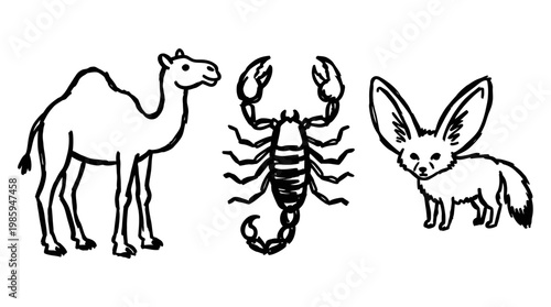 Black and White Line Art of Desert Animals: Camel, Scorpion, and Fennec Fox