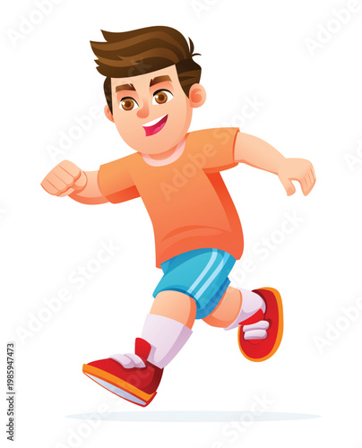 Enthusiastic boy character sprinting fast during a school sports track competition. Vector cartoon illustration