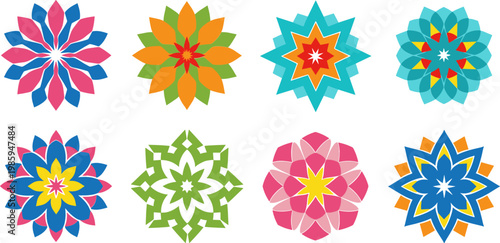 Colorful Flower Pattern Icon Set Featuring Bright Geometric Floral Designs for Creative and Decorative Projects