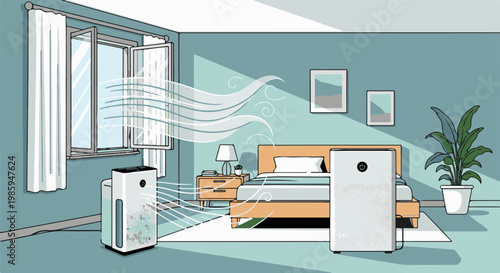 Bedroom with air purifiers, open window, bed, plant, and artwork