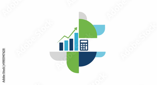 Abstract financial chart with bars, arrow, and calculator on colorful geometric shapes