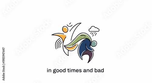 Abstract figures embracing joy and sorrow, under sun and rain