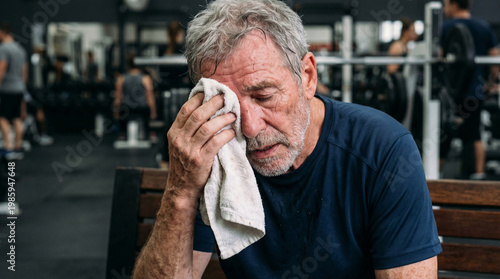 Portrait of a tired but satisfied senior man wiping his face with a towel after an intense workout. He sits on a bench in the gym, his skin covered in sweat, his face showing fatigue and joy 