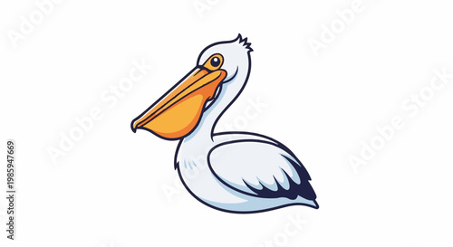 Adorable cartoon pelican with large orange beak, white body