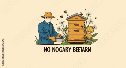 Beekeeper tending hive amongst dandelions with flying bees