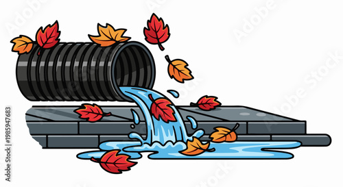 Autumn leaves fall into a drainage pipe and water flow